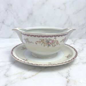 Vintage Occupied Japan Gravy Boat Attached Plate Hand Painted Double Pour